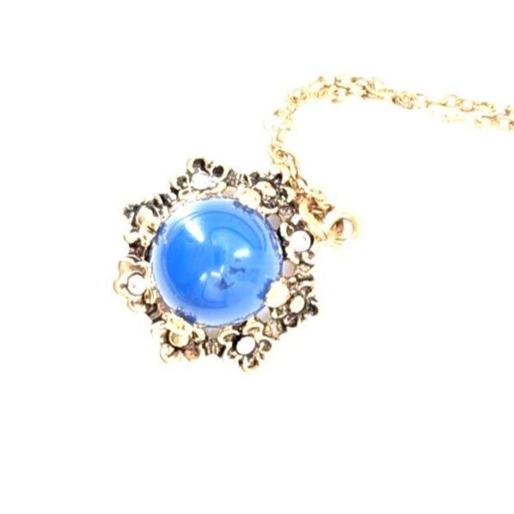 Filigree Rhinestone Cabochon Vintage Blue Gold Tone Dainty Pendant Necklace